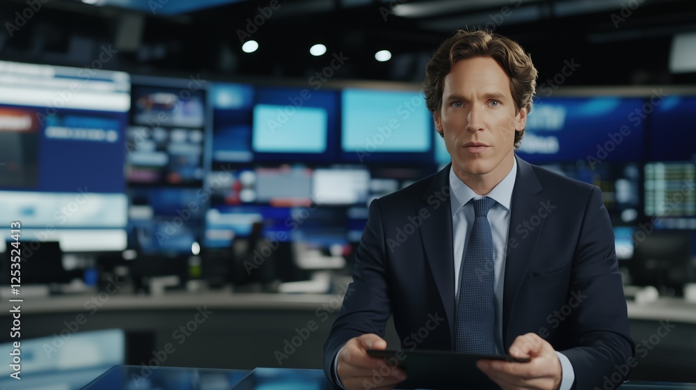 News Anchor in Studio: A confident and professional news anchor, dressed in a sharp suit, delivers news updates from a modern news studio, creating a sense of authority and trustworthiness. News Anchor in Studio: A confident and professional news anchor, dressed in a sharp suit, delivers news updates from a modern news studio, creating a sense of authority and trustworthiness.