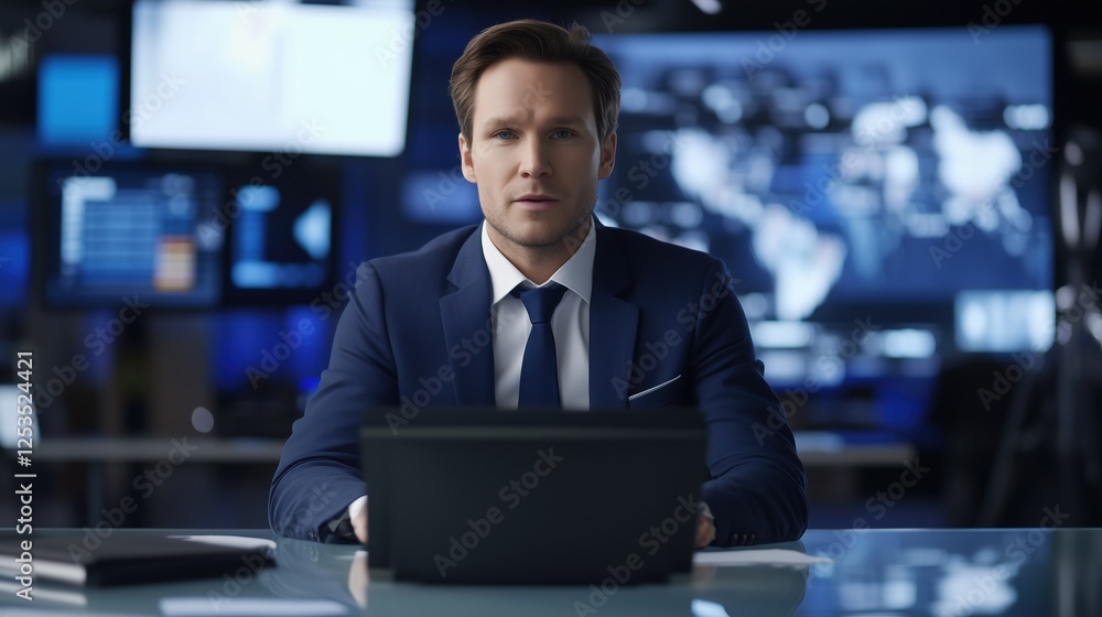 Analyst in the Spotlight: A serious and focused businessman sits in a high-tech office environment, staring intently at his laptop screen. His gaze is sharp. Analyst in the Spotlight: A serious and focused businessman sits in a high-tech office environment, staring intently at his laptop screen. His gaze is sharp.