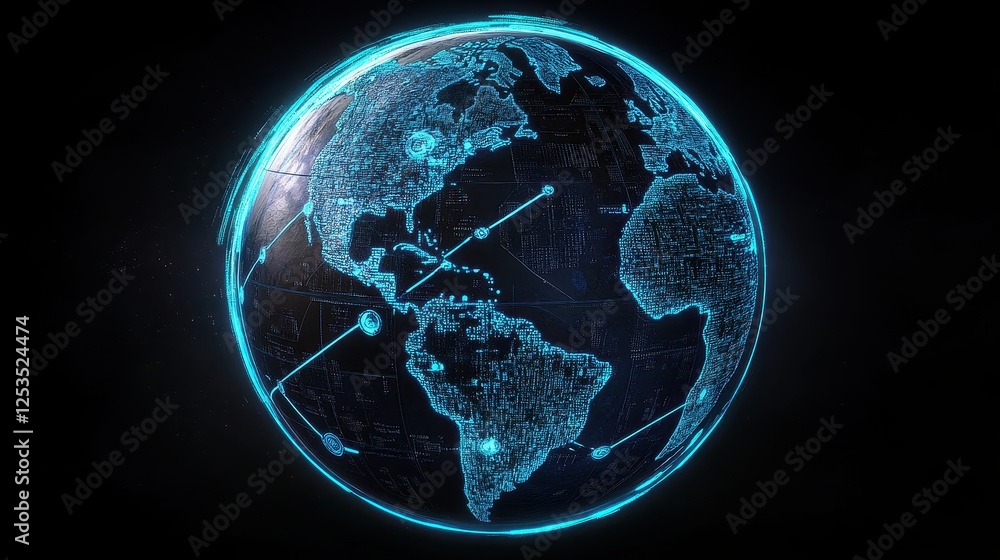 3D-rendered globe with bright blue network links connecting major cities, symbolizing worldwide internet connectivity, digital communication, and global business, isolated on dark gradient background. 3D-rendered globe with bright blue network links connecting major cities, symbolizing worldwide internet connectivity, digital communication, and global business, isolated on dark gradient background.