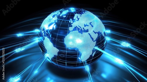 3D-rendered globe with bright blue network links connecting major cities, symbolizing worldwide internet connectivity, digital communication, and global business, isolated on dark gradient background.