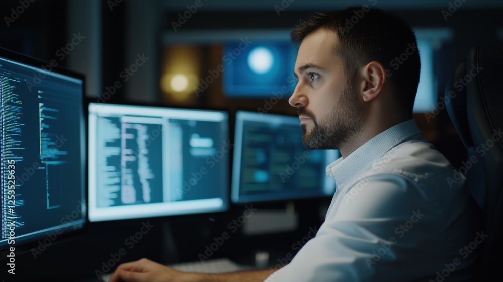 Late Night Coder: A focused and determined programmer works tirelessly late into the night, his eyes glued to the screen as he navigates lines of code. Late Night Coder: A focused and determined programmer works tirelessly late into the night, his eyes glued to the screen as he navigates lines of code.