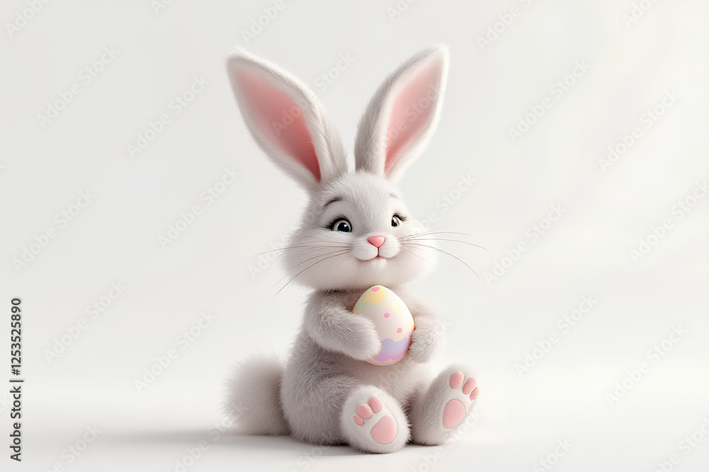 Fototapeta premium Adorable fluffy bunny sitting upright on a clean white background holding a pastel colored Easter egg decorated with soft pinks and yellows celebrating the spring season