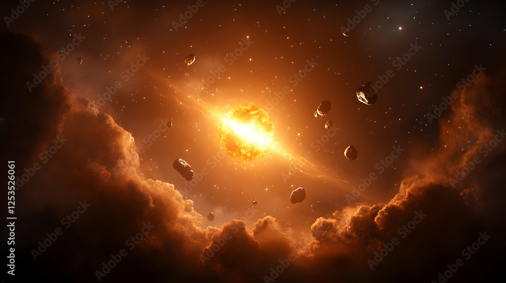 Fototapeta premium Space scene depicting an exploding star surrounded by asteroids and nebula for wallpaper, illustrating cosmic events or outer space themes