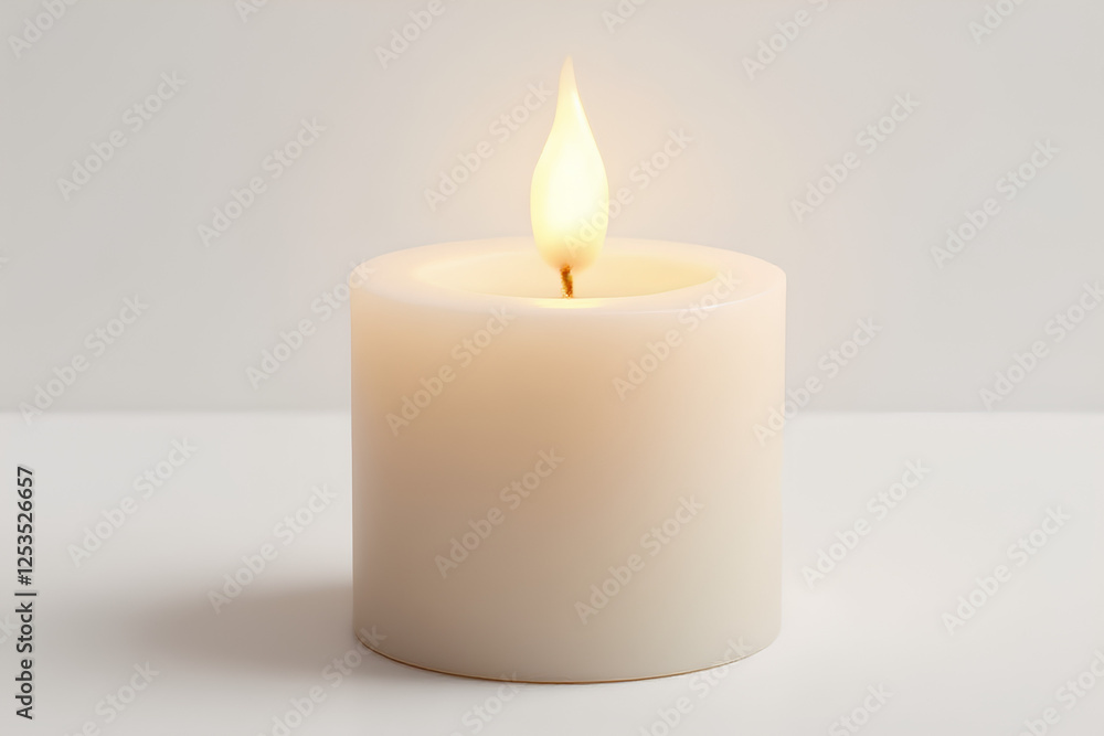 Elegant cream-colored wax candle with a warm glowing flickering flame illuminating a serene and minimalist white background evoking feelings of peace Elegant cream-colored wax candle with a warm glowing flickering flame illuminating a serene and minimalist white background evoking feelings of peace