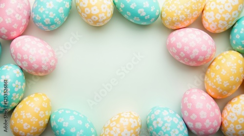 A vibrant arrangement of colorful Easter eggs on a soft pastel background, showcasing various patterns and designs. 