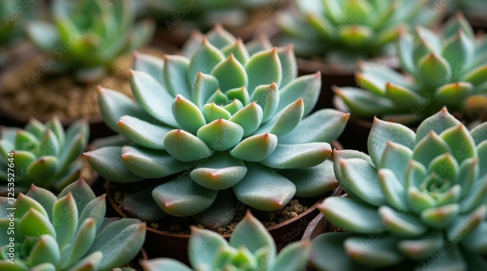 Fototapeta premium A close-up of a succulent arrangement highlighting the unique textures and colors of each plant, emphasizing the intricate details that make succulents so appealing