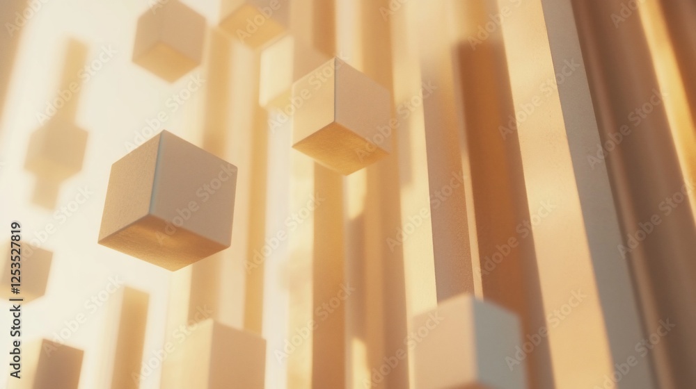 Abstract 3D Geometric Shapes with Warm Light on Floating Cubes and Columns Abstract 3D Geometric Shapes with Warm Light on Floating Cubes and Columns
