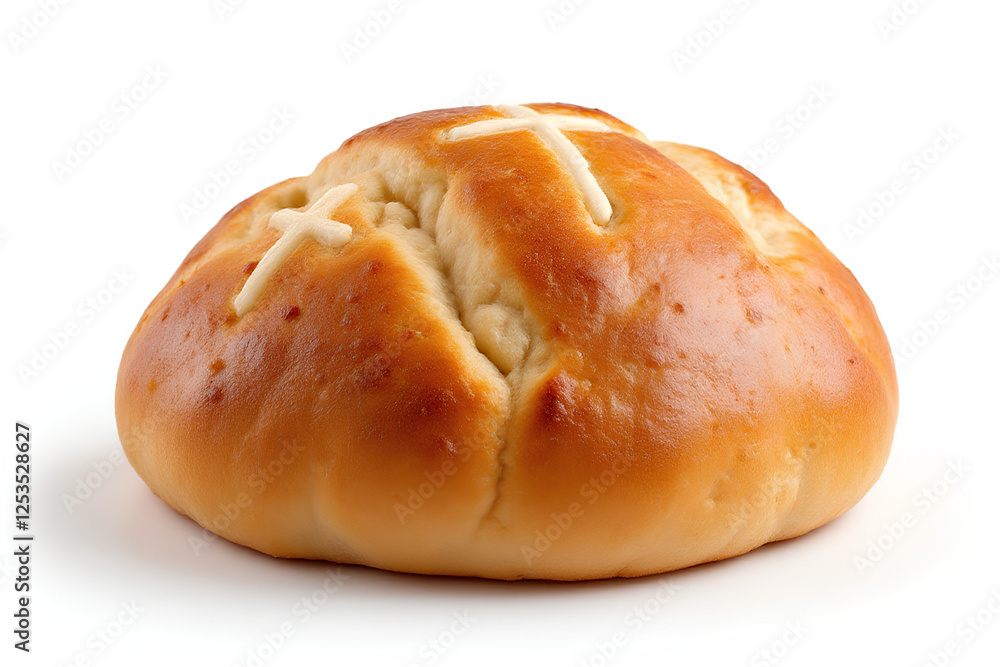 Golden brown baked Easter bun marked with a distinct white cross symbolizing holiday traditions and culinary craftsmanship on seamless white backdrop Golden brown baked Easter bun marked with a distinct white cross symbolizing holiday traditions and culinary craftsmanship on seamless white backdrop