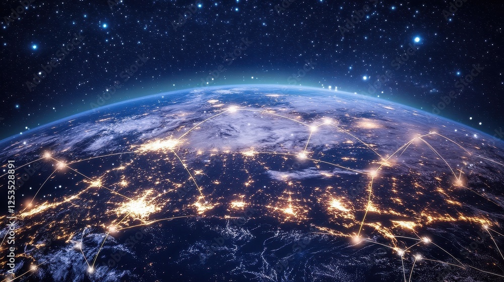 Obraz premium Abstract digital background featuring a glowing Earth with interconnected nodes, representing the internet, blockchain technology, and global data exchange, high-tech business and communication theme.