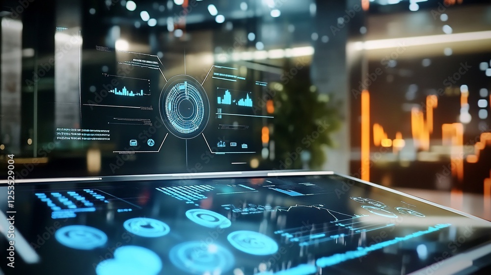 Futuristic Technology Interface Displaying Data and Analytics in a Modern Setting Futuristic Technology Interface Displaying Data and Analytics in a Modern Setting