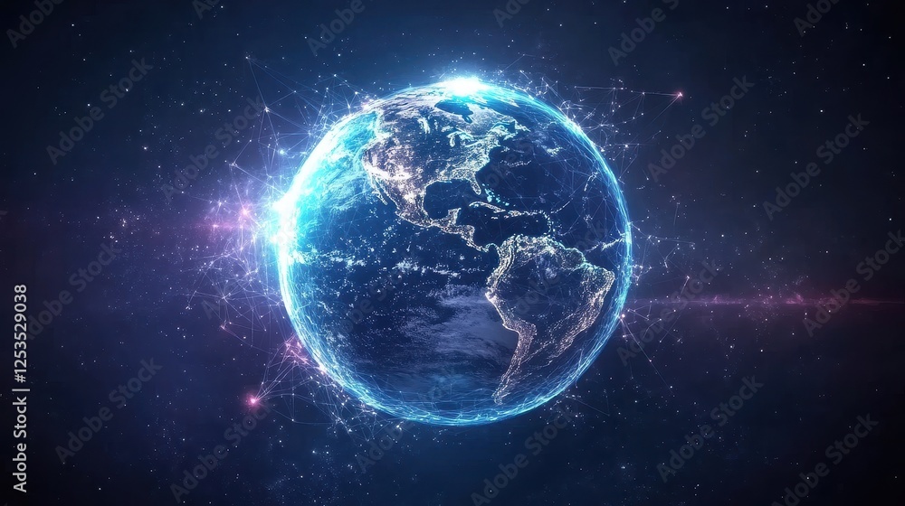 Abstract digital background featuring a glowing Earth with interconnected nodes, representing the internet, blockchain technology, and global data exchange, high-tech business and communication theme. Abstract digital background featuring a glowing Earth with interconnected nodes, representing the internet, blockchain technology, and global data exchange, high-tech business and communication theme.