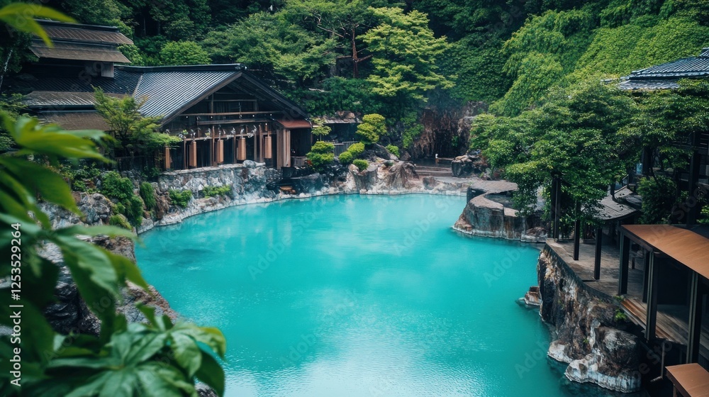 Serene Japanese Onsen: Turquoise Waters Embrace Tranquil Mountainside Retreat Serene Japanese Onsen: Turquoise Waters Embrace Tranquil Mountainside Retreat