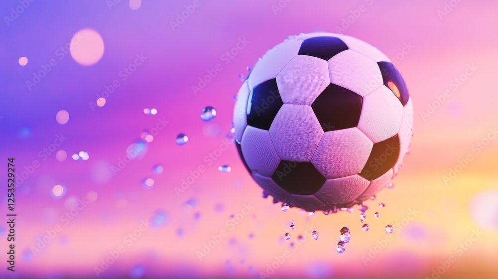 A soccer ball splashing through water at sunset, creating a vibrant and dynamic scene A soccer ball splashing through water at sunset, creating a vibrant and dynamic scene