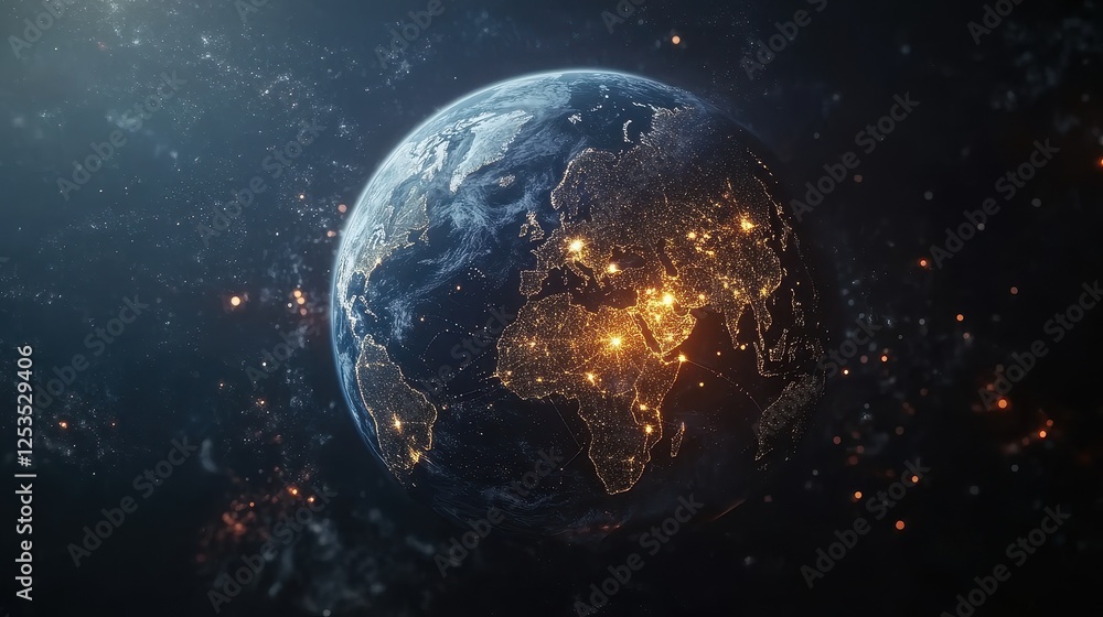 Fototapeta premium Abstract digital background featuring a glowing Earth with interconnected nodes, representing the internet, blockchain technology, and global data exchange, high-tech business and communication theme.