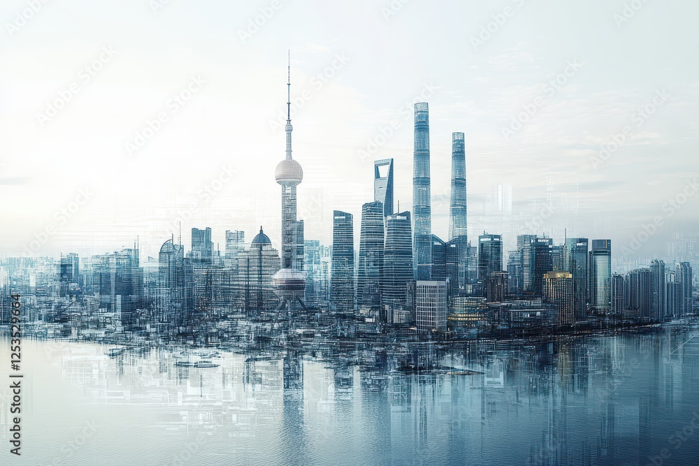 Fototapeta premium Futuristic city skyline forming from a digital blueprint, concept of largescale business implementation
