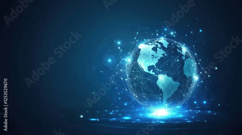 Abstract digital background featuring a glowing Earth with interconnected nodes, representing the internet, blockchain technology, and global data exchange, high-tech business and communication theme.