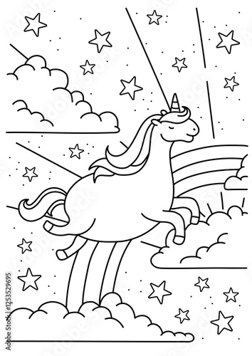 Cute unicorn in the sky. Rainbow, clouds and stars. Black and white coloring.