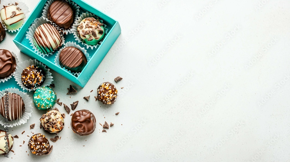 Assorted Chocolate Truffles in a Blue Box on White Surface Assorted Chocolate Truffles in a Blue Box on White Surface