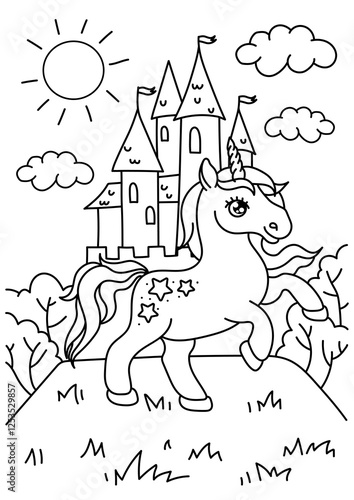 Unicorn near the castle. Black and white coloring.