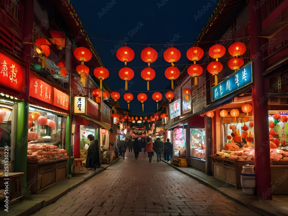 A Street of Red Lanterns: A vibrant and bustling night street in a historic Chinese town, adorned with countless red lanterns casting a warm glow over the cobblestone pathway and bustling crowds. A Street of Red Lanterns: A vibrant and bustling night street in a historic Chinese town, adorned with countless red lanterns casting a warm glow over the cobblestone pathway and bustling crowds.