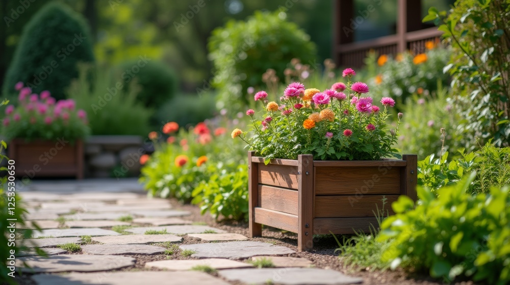An elegant wooden planter box positioned on a stone pathway, surrounded by lush greenery An elegant wooden planter box positioned on a stone pathway, surrounded by lush greenery