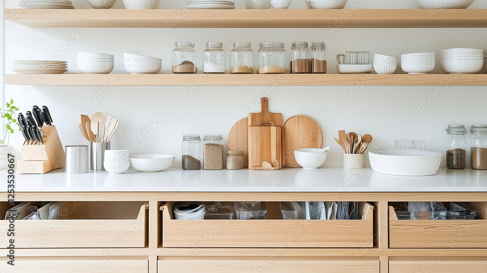 Modern kitchen with organized shelves, utensils, and containers Modern kitchen with organized shelves, utensils, and containers