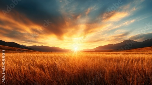 A captivating view of a vibrant sunrise illuminating sprawling golden wheat fields against a backdrop of dramatic clouds and distant mountains, evoking feelings of peace and hope. photo