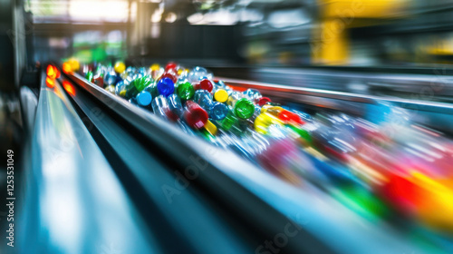 Close-up of a recycling sorting machine in action with colorful plastic bottles and cans moving on a conveyor belt dynamic motion blur photo