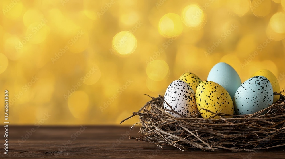Obraz premium Colorful Easter Eggs in Nest on Wooden Table with Golden Bokeh Background