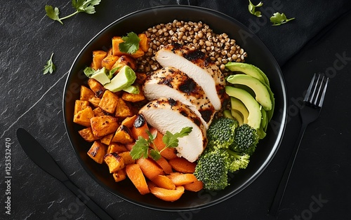 Nutritious grilled chicken bowl with roasted sweet potatoes avocado broccoli lentils and carrots on a black plate for a healthy and balanced protein packed meal with superfoods photo