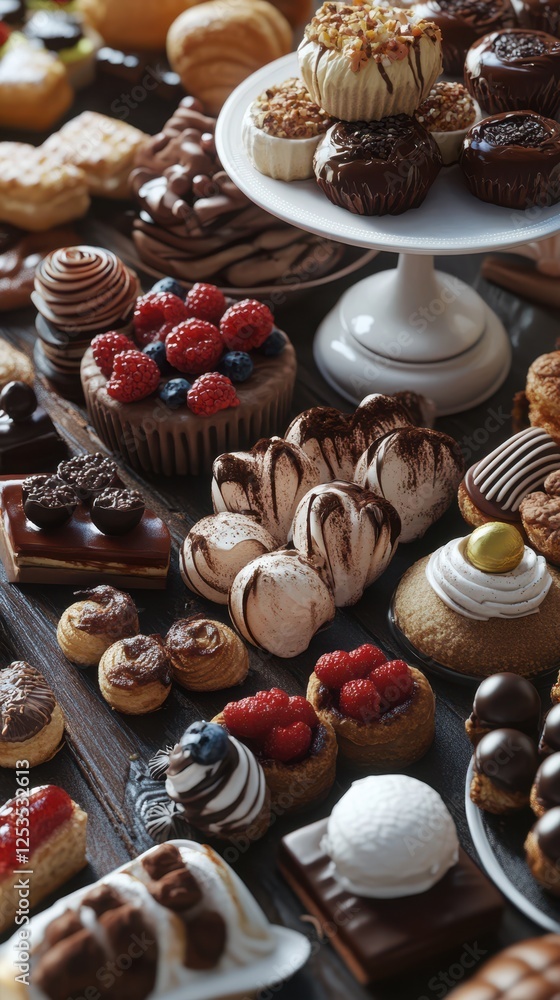 A wooden table is covered in a variety of pastries and cakes A wooden table is covered in a variety of pastries and cakes