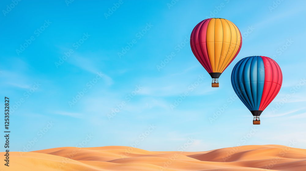 Obraz premium Colorful hot air balloons soaring over golden sand dunes under clear blue sky create vibrant and serene atmosphere