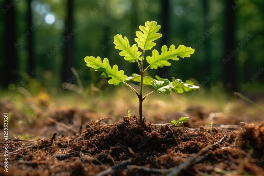Young Oak Sprout Emerging from the Ground in a Forest Setting Bathed in Soft Natural Light, Symbolizing Growth and Renewal in Nature Young Oak Sprout Emerging from the Ground in a Forest Setting Bathed in Soft Natural Light, Symbolizing Growth and Renewal in Nature