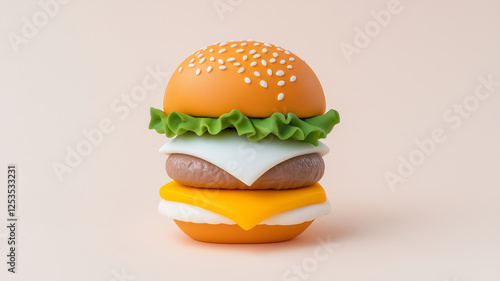 detailed miniature food sculpture of colorful burger with lettuce, cheese, and sesame seed bun, showcasing playful and artistic representation of classic meal