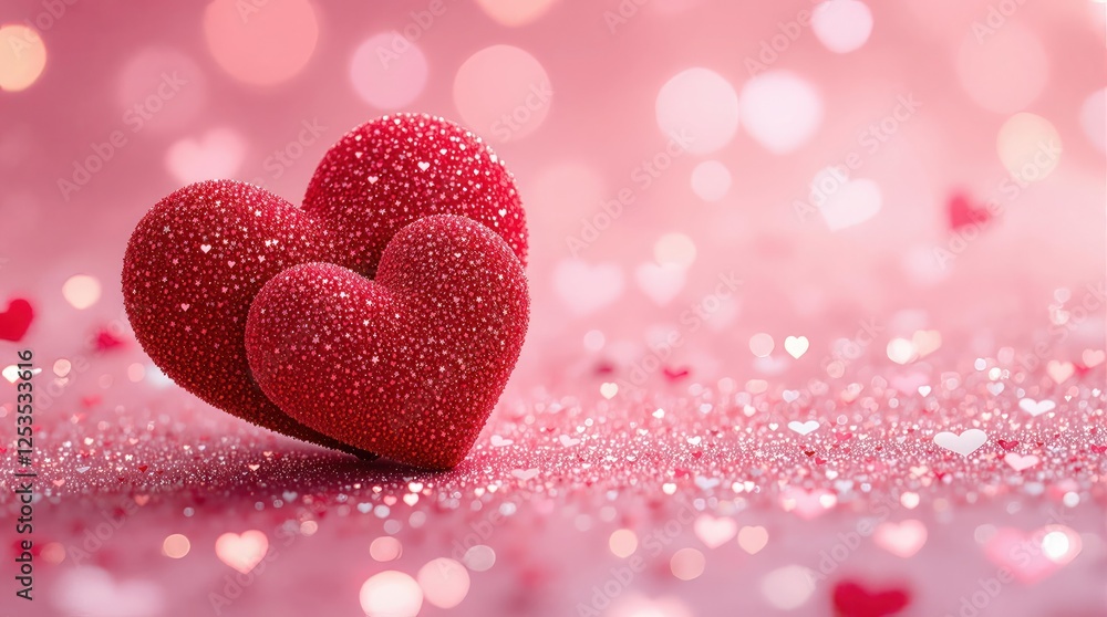 Fototapeta premium Red heart in snow frosted love glittering bokeh winter romance