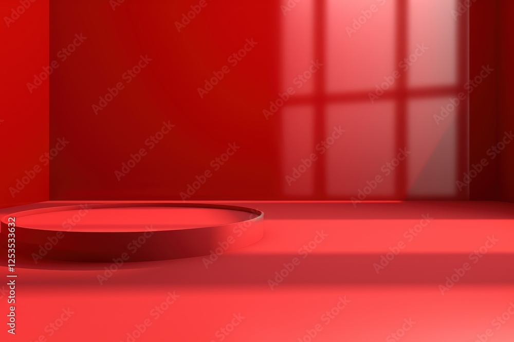 Fotografie Abstract Red Interior with Round Platform and Light Shadows Highlighting the Wal