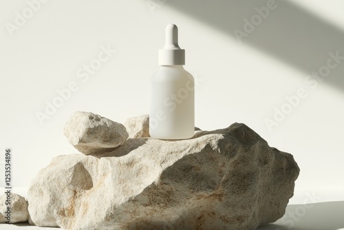 White serum bottle on rocks, natural light, product display photo