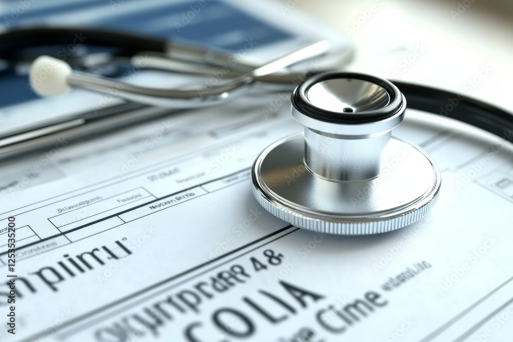 Medical Stethoscope on Patient Chart with Digital Tablet Background Medical Stethoscope on Patient Chart with Digital Tablet Background