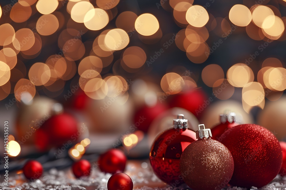 Warm and festive Christmas scene with red and beige ornaments, softly glowing in a dark room with blurred lights. Warm and festive Christmas scene with red and beige ornaments, softly glowing in a dark room with blurred lights.