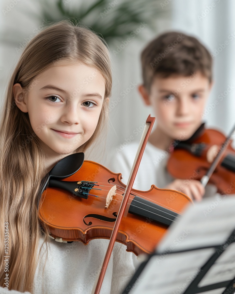 Girl playing violin, boy nearby, home music lesson Girl playing violin, boy nearby, home music lesson