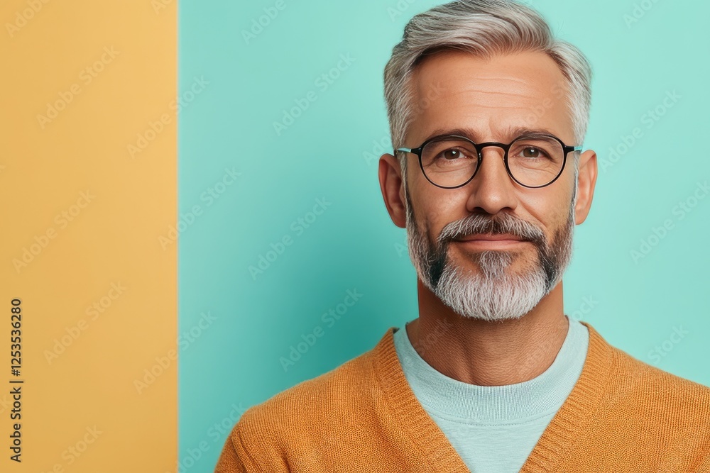 Fototapeta premium Stylish Mature Man with Glasses and Beard in Colorful Background Portrait