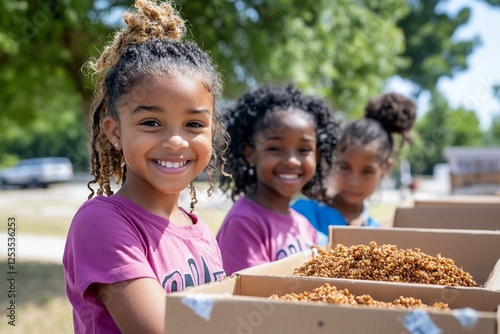 Girls volunteering, food donation, park, sunny day
