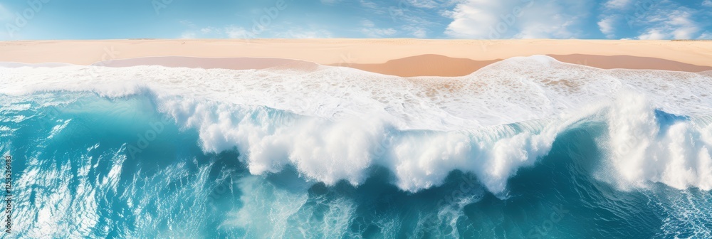 Stunning Coastal Scene with Waves Crashing on Sandy Beach Under Clear Blue Sky and Gentle Horizon, Inviting Calmness and Serenity Stunning Coastal Scene with Waves Crashing on Sandy Beach Under Clear Blue Sky and Gentle Horizon, Inviting Calmness and Serenity