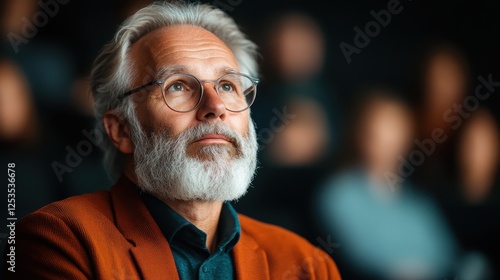 An elderly man sits in a theater, lost in thought with a faraway gaze, emanating a profound sense of introspection and wisdom amidst the quiet audience. photo