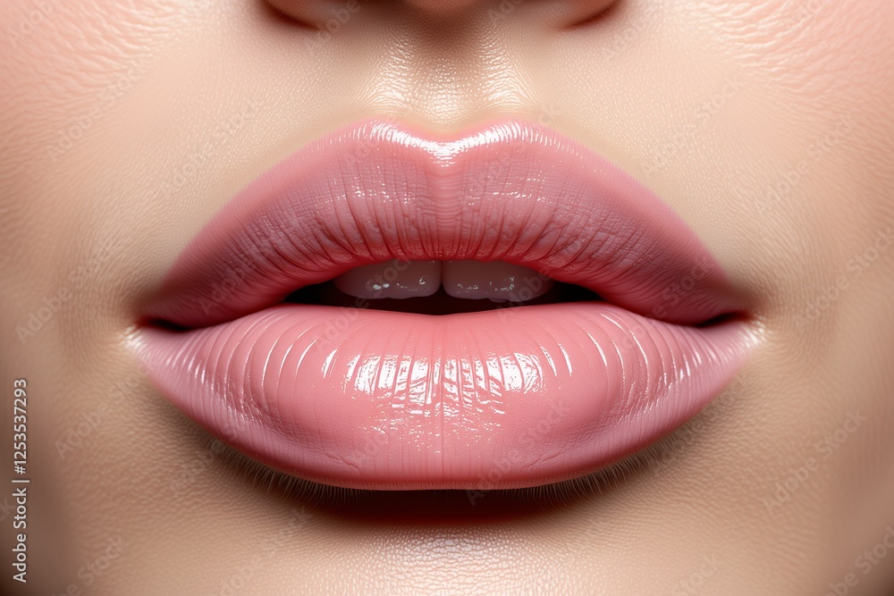 Fototapeta premium Close up of Glossy Pink Lips Smooth Skin Beauty Macro Shot Makeup Cosmetics