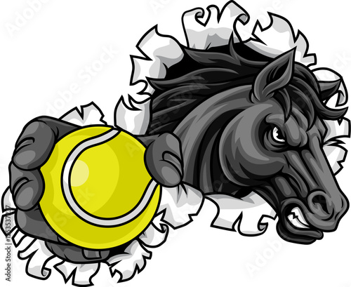 Horse mustang bronco stallion angry tennis sports team mascot holding a ball.