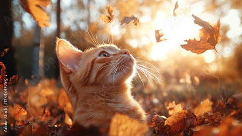 A lively ginger cat plays delightfully among falling autumn leaves, captured in a burst of motion and color, symbolizing joy and the spirit of the season. photo