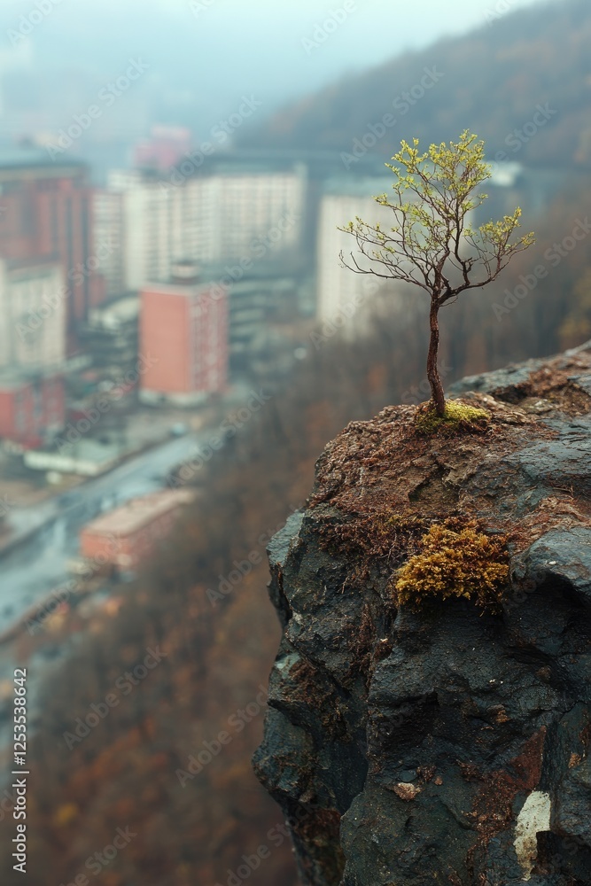 Lone Tree on Cliff Overlooking Urban Landscape in Misty Weather Lone Tree on Cliff Overlooking Urban Landscape in Misty Weather