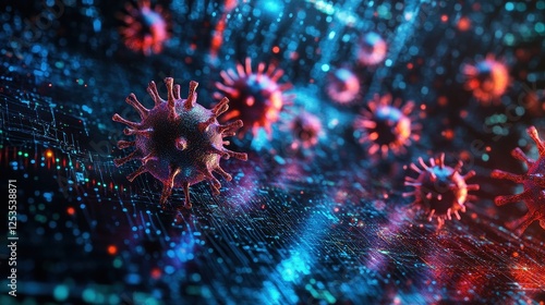 Abstract representation of a virus infiltrating a network, neon-colored data streams, glitch effects, and cyber attack warnings, isolated on dark background, copy space for digital security concept.  photo