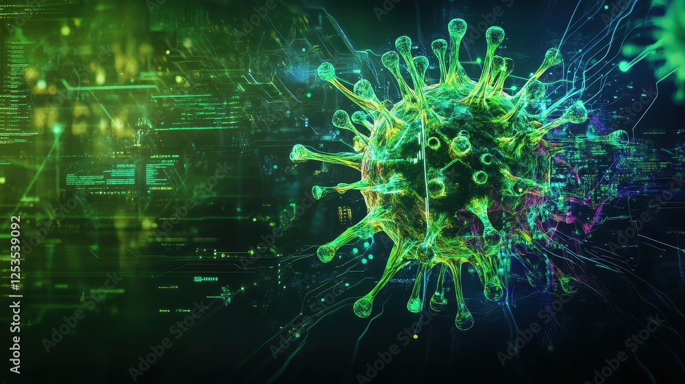 Abstract representation of a virus infiltrating a network, neon-colored data streams, glitch effects, and cyber attack warnings, isolated on dark background, copy space for digital security concept. Abstract representation of a virus infiltrating a network, neon-colored data streams, glitch effects, and cyber attack warnings, isolated on dark background, copy space for digital security concept.